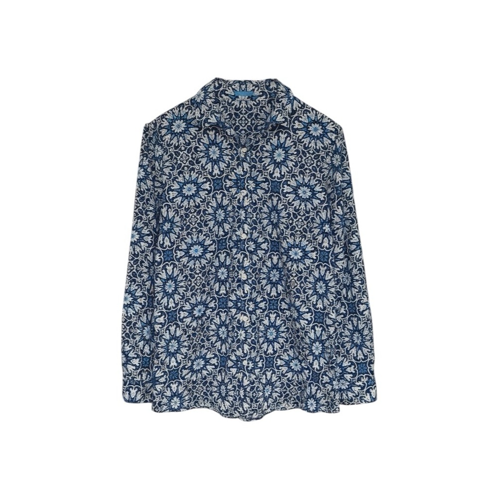 J. McLaughlin Catalina Button Up Blouse Blue White Navy Print Women’s Medium